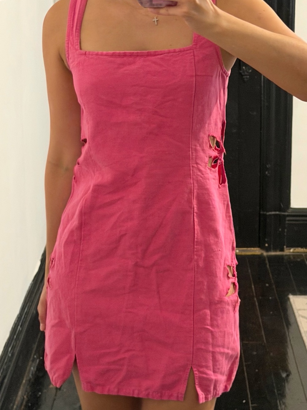 TACH Hot Pink Square-Neck Mini Dress with Side Cutouts